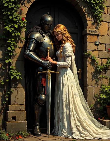 In a painterly style reminiscent of classical romantic art, depict a noble and tender scene: A knight in highly polished, dark full plate armor stands beside a fair lady in a flowing, ornate white gown. The knight's helmet obscures his face, adding to his imposing and stoic presence.  The lady, with her head gently bowed and soft features, wears a white gown with intricate lace-like details on the sleeves and skirt. She is positioned to the right of the knight and delicately places her hand on the hilt of a large, upright sword that the knight holds vertically, its point resting on the stone ground. An ornate cross emblem is visible on the knight's chest plate. They stand beside a weathered stone column or archway, partially overgrown with green ivy and foliage. The ground is stone-paved. The lighting is soft, diffused, and warm, highlighting the textures of the gown, armor, and stone. Capture the romantic, dignified, and slightly fairytale-like feel of a timeless, virtuous love, <lora:Vibrantly_Dark_style_v.1:0.3>, <lora:RetroAnimeFluxV1:0.35>, <lora:Dark Cinematic:0.8>, <lora:aidmaFLuxPro1.1_v0.3:0.6>, <lora:Cozy_Paradise:1>, <lora:- Flux1 - vanta_black_V2.0:0.7>
