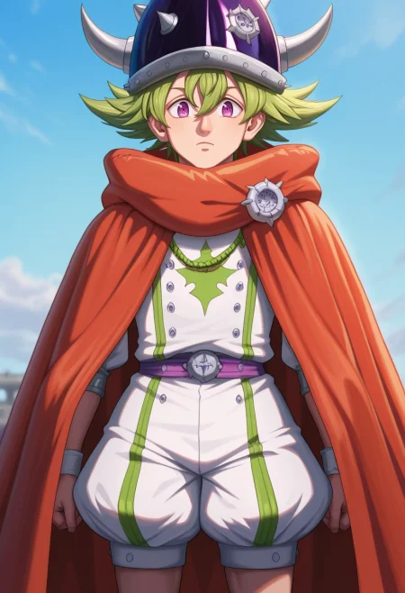 masterpiece, best quality, intricate details, (realistic:0.6), looking at viewer, 1boy, solo, male focus, <lora:percival_nnt_mny_ilxl:0.92>, percival_nnt_mny, green hair, purple eyes, spiked hair, hair between eyes, bangs, helmet, horned headwear, orange cape, puffy shorts,