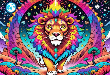 A huge incredible lion is walking along the colorful psychedelic dunes. the lion's mane shimmers with all the colors of the rainbow. it feels like a lion is burning with a multicolored flame. background: a black night with rare large stars. the inscription on the picture: "Graógramán" (the whole picture resembles an acid trip. front view)