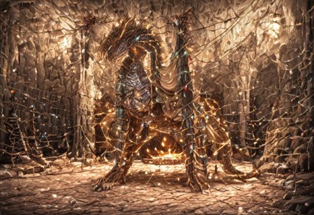 Dragon in Christmas cave, cave, festive cave, Christmas decorations, Christmas lights
(((Sparkling, Sparkly))) glowing dragon, christmas dragon, dragon wrapped in Christmas lights, glowing matrix, glowing Christmas lights, hyper realistic, photorealistic, HD, High detail, High detail eyes, high detail face, wings, glowing wings, light scales, glowing Christmas lights on wings, glowing light scales, tail, tail wrapped in Christmas lights, four legs, 
BREAK 
Snowy background