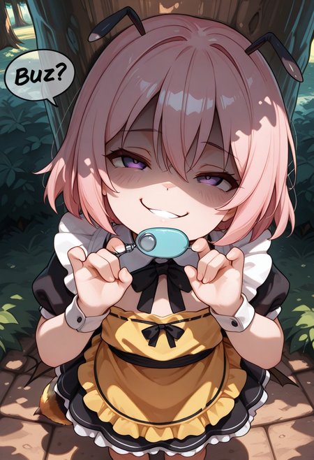 masterpiece, BEST QUALITY, solo, aged down,
short body, short hair, round face,
short limb,
looking up,
tilted head,
under tree,
shadows from tree canopy on her,
sunny day,
CivChan, purple eyes, pink hair, arranged maid outfit,
flat breasts, park, from above, shaded face, (smug:1.2), head tilt,
open eyes,
Bee girl mixture costume,
bee tail. bee wing,
yellow and black stripe apron
cpbt
folded elbow,
1 yellow oval crime prevention buzzer holding at her mouth,
pulling gesture,
clenched teeth,
(1tongue out:0.6),
tongue below 
unholy-aesthetic
BREAK
2.5D REALISTIC
ABSURDRES
AMAZING QUALITY
BALANCED HISTGRAM on subject
CONTRAPPOSTO
LOW-KEY HISTGRAM ON BG
NEWEST
PERSPECTIVE
SOLO FOCUS
ULTRA DETAILED EYES, EYE HIGHLIGHTS
ULTRA DETAILED FACE
VERY AESTHETIC
very awa
(simple speech bubble beside her face:1.4)
(asking buzz at speech bubble with black letter content is "buzz?":1.4)