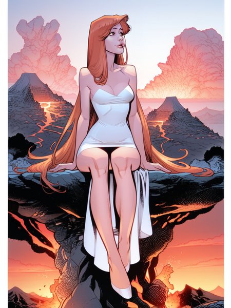 extremely long hair, small cream dress, large natural breasts, Volcano, Valley, tight dress, sitting
score_8_up  <lora:Invincible Comic ft-000007:1>