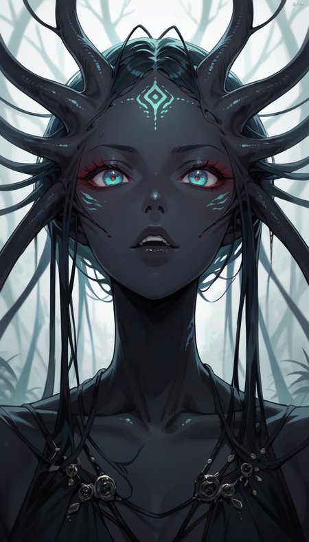 score_9, score_8_up, score_7_up, Anime Style, Portrait, alien figure, black skin, blend of organic and artificial elements, eerie atmosphere, contrasting colors and textures, natural and artificial components, alien, scifi background, dystopian, organic meets artificial, dark, depth of field, dynamic angle, fashion photography, sharp, hyperdetailed:1.15