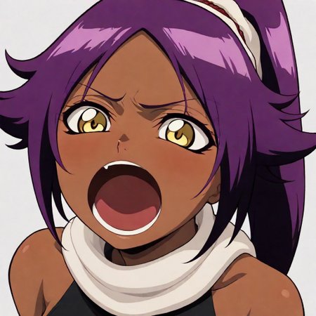 masterpiece, best quality, newest, absurdres, highres, anime, anime style, POPC-ILV1.0, :o, open mouth, 
1girl, shihouin yoruichi (bleach), dark-skinned female, yellow eyes, ponytail, Purple hair,

