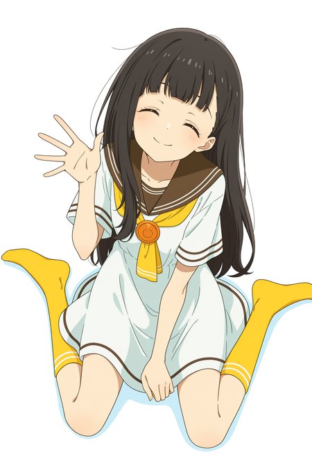 <lora:nukumizu_kaju_illustrious-000024:1>,
TMLH_NK,long hair,black hair,1girl,white dress,smile,yellow socks,brown sailor collar,short sleeves,sailor dress,yellow neckerchief,solo,waving,closed eyes,head_tilt,looking_at_viewer,from_above,wariza,sitting,no shoes,simple_background,white_background