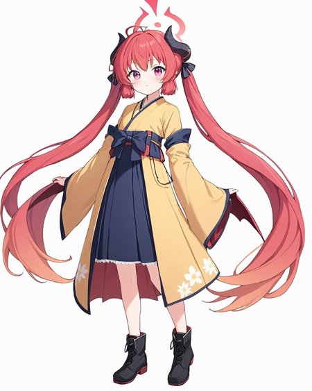 junko \(blue archive\),1girl, solo, simple_background, kinchaku, white_background, full_body, horns, twintails, halo, official_alternate_costume, low_wings, hakama_skirt, bag, looking_at_viewer, standing, black_footwear, yellow_kimono, holding, blush, wide_sleeves, closed_mouth, floral_print, lace-up_boots, long_sleeves, ribbon, black_hakama
<lora:junko_(blue_archive)_image691_2023-11-28-000012:1>halo. gorgeous,key visual, vibrant, studio anime,award-winning, professional, highly detailed,high budget, cinemascope