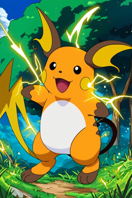 score_9, score_8_up, score_8, medium breasts, (curvy), cute, eyelashes,       ,,, , ,,, zzRaichu, looking at viewer, smile, open mouth, standing, full body, :d, outdoors, black eyes, grass, electricity,  ,<lora:RaichuPokedexPDXL:1.0>,  ,,,, BREAK, smile, looking at viewer, cowboy shot, ,,, outdoors, sky, day, cloud, tree, blue sky, sunny,  ,,, Expressiveh, ,,, <lora:Alola_Style_PDXL:0.8>, <lora:Expressive_H-000001:0.4>,