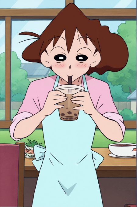score_9, score_8_up, score_7_up,anime_source, source_anime, best background, detailed background, anime screencap,  Misae Nohara, apron, blue apron, naughty face, horny, hands on breasts, pink shirt, shirt, sleeves rolled up, window, indoors, blush , drinking, bubble tea, <lora:JN_Misae_Nohara:0.8>