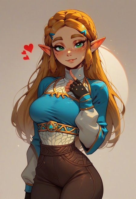 score_9, score_8_up, score_7_up, score_6_up, 1girl, solo, princess Zelda (breath of the wild) ,cute,  freckled face, slim waist, cute round face, lidded eyes, red cheeks , brown pants, clothes on, hourglass body,looking at viewer, lots of hearts, seductive eyes, safe for work