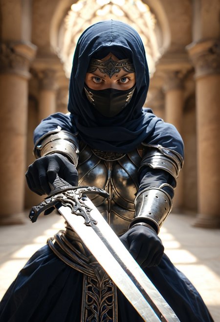 1girl, arabic, blue eyes,  masked face, armor, (sword in hand:1.2), action pose,
rim light, dramatic, intricite
dramatic light, shadows, depth of field, chromatic aberration, bokeh