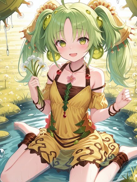 traptrix sera,1girl,solo,barefoot,sitting,open mouth,wariza,smile,white plant,looking at viewer,water,drosera plant,:d,grass,blush,yellow hair ornament,green ball earrings,brown choker,brown crop top,yellow strapless dress,yellow puffy short sleeves,brown bracelet,brown anklet,water drop,holding white plant,wading,
masterpiece,best quality,amazing quality,very aesthetic,absurdres,newest,<lora:Traptrix Sera illuXL v1:0.75>,