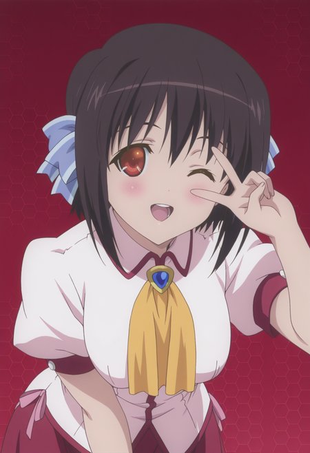 anime screencap, anime coloring, <lora:DX888Tomomi:1> saikyou tomomi, red eyes, black hair, short hair BREAK simple background, red background, (honeycomb background:1.2),  BREAK hair ribbon, ascot, brooch, school uniform, white shirt, puffy sleeves, short sleeves, red skirt, BREAK    1girl, blush, leaning forward, solo,  v, open mouth, happy,  v over the eye, (upper body:1.2), one eye closed, teeth,