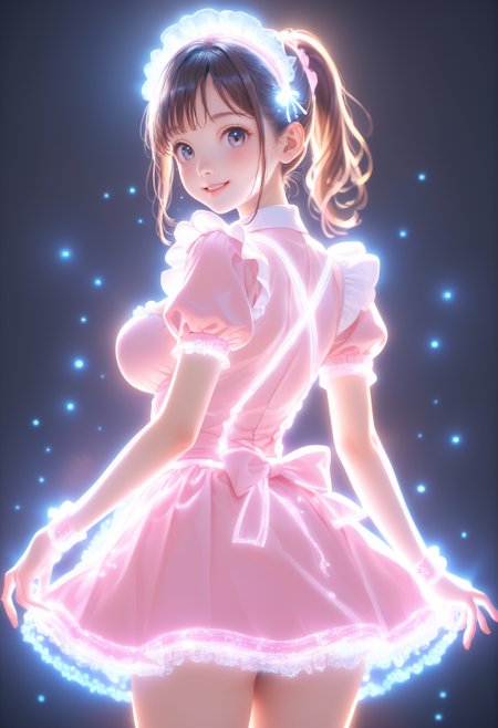 score_9, score_8_up, score_7_up , masterpiece,best quality,amazing quality, very aesthetic, ((outlined outlined vector graphics)), cute face, (glow eyes:0.5) ,   back view ,  looking at viewer ,  looking at viewer ,
1girl,
20yo, brown hair, gray eyes, (large breast:1), (ponytail:1.1), medium hair,(curvy:1.1),bangs
,
pink  clothes, (focus female), smile, peaceful, (clothed:1.1), maid, sparkling maid uniforms, glowing, glittring,
 happy,  
open eyes , (kawaii)  ,  <lora:spakling-maid-pony-01:1.1>