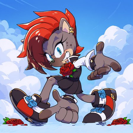 safe_pos, safe_pos, score_9, score_8_up, score_7_up, score_6_up, score_5_up, score_4_up, rating_safe, blue eyes,  sonic channel (style), looking at viewer, grin, teeth, full body, sonic adventure pose
hyena, best quality, blush, extreme detail, masterpiece, anatomically correct, grey fur, red undercut, red hair, black skirt, masterpiece, rose, sexy, outside a club,