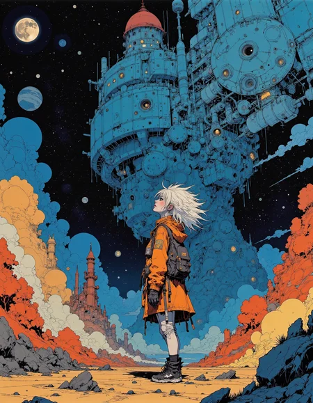 Mangaka style. Anime artwork designed by Rick Guidice and Peter Elson, featuring a woman with spiky hair . The scene is set in a futuristic space colony, inspired by NASA illustrations and realistic depictions of space exploration. Created by a Japanese anime studio, the artwork captures a highly emotional moment, with best quality and high resolution. The background showcases intricate details of space colonies, with vibrant colors and dramatic lighting effects. <lora:Mangaka V2:1>