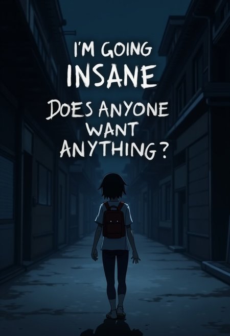 an anime-style scene of a single character walking down a dimly lit, empty city street at night. The character is wearing a backpack, and viewed from behind, with shadowy buildings in the background. Make the atmosphere feel dark and isolated. The main focus should be large, bold text centered prominently in the image, reading: 'I'm going insane, does anyone want anything?.' The text should take up most of the visual space, with the character and background elements providing a subtle, moody backdrop