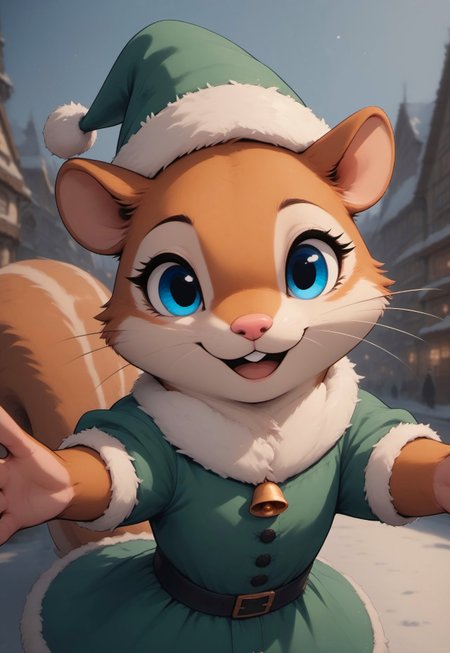 score_9, score_8_up, score_7_up, score_6_up, score_5_up, score_4_up, (((squirrel))), green Christmas dress, bells, cute, (feral:1.2), (red fur), blue eyes, (happy, expressive:1.5), (incoming hug, reaching towards viewer, perspective, depth of field, arms spread, hugging viewer, embracing viewer), upper body shot, (close up:1.5), out of frame, 3lf, green headwear, belt, fur trim, bells, (snow, village, Christmas:2),