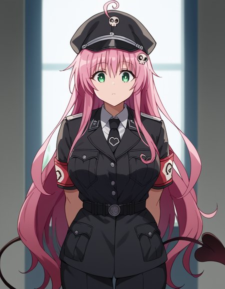 score_9, score_8_up, score_7_up, source_anime, <lora:lala-deviluke-darkness-ponyxl-lora-nochekaiser:1>, lala deviluke, long hair, pink hair, tail, ahoge, bangs, hair ornament, green eyes, demon tail, large breasts, <lora:warden-ponyxl-lora-nochekaiser_r1:1>, skull hat ornament, uniform, military uniform, black uniform, hat, cap, black cap, armband, collared shirt, black necktie,, indoors, hands behind back,, cowboy shot,