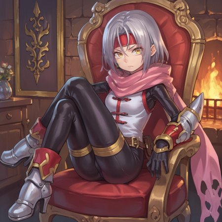 score_9, score_8_up, score_7_up, score_6_up, source_anime, BREAK, <lora:Zilva:0.7> , zildef, 1girl, short hair, grey hair, yellow eyes, red headband, mask, scarf, pink scarf, white sweater vest, white shirt, bodysuit, black bodysuit, bodysuit under clothes, (single gauntlet), black gloves, sheathed, leg warmer, armored boots, sitting, looking at viewer, serious expression, closed mouth, full body, <lora:detailed_backgrounds_v2:0.6> , masterpiece, best quality, very aesthetic, absurdres, indoors, cave, interior, dark, fireplace, stalactites,  <lora:2024_PandoraBox_V1:0.5> , P4ndora_PS,