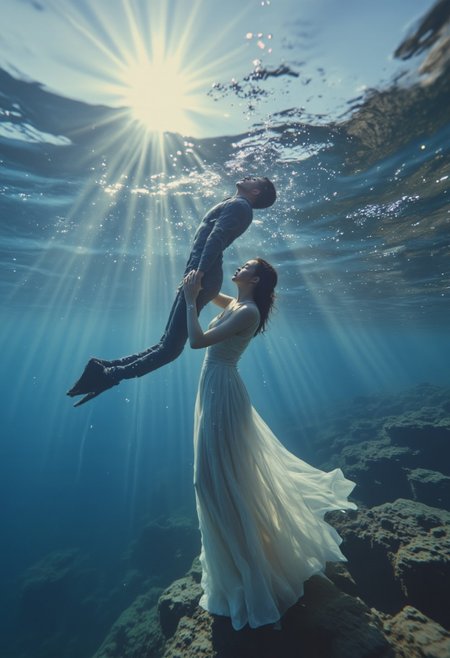 photo realistic, 8K photo of a man and women underwater in the middle of the ocean, the women is wearing a white gown and pulling up a man to the surface of the ocean, romantic and cinematic scene, sunlight beams coming into the water, bubbles all around them as they rise to the surface, she is lifting him up to the surface, slowly, gently, with great love. the man is motionless, suspended, and cannot move. the ocean is vast and the background is infinity.,  <lora:Instant camera portrait photography V2.0.safetensors:1.0>,  <lora:Dark side of light.safetensors:0.55>,  <lora:aidmaFLUXPro1.1-FLUX-v0.3.safetensors:1.0>,  <lora:Glitchcore_Flux.safetensors:0.8>,