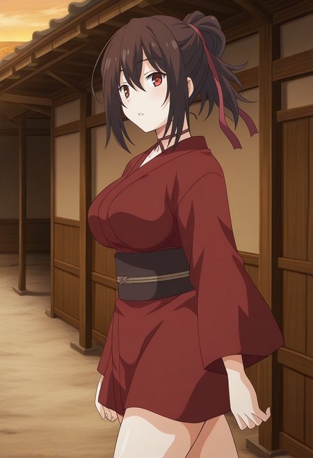 1girl, solo, kunobotananm, brown hair, hair ribbon, ponytail, red eyes, choker, short kimono, obi, large breasts, walking, outdoors, feudal village, early morning, parted lips, from side, cowboy shot, looking at viewer,