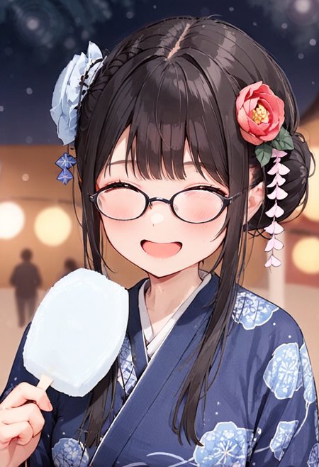 masterpiece, best quality, very aesthetic, absurdres,
1girl, solo, glasses, black hair, food, long hair, blush, holding, holding food, yukata, floral print, hair ornament, hair flower, hair bun, uchiwa, paper fan, paper lantern, night, blurry background, happy, laughing,  
garigarikun, 
<lora:garigarikun_SDXL_V1:1>