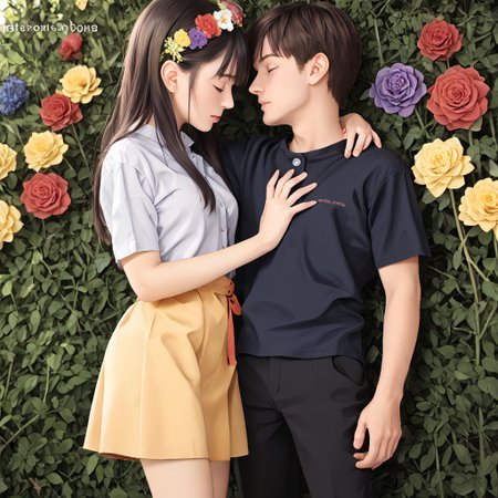 score_9_up, score_9, score_8_up, score_7_up, rating_explicit, anime, highly detailed, extremely detailed, best quality, masterpiece, 1boy, 1girl, couple, boy's arm around girl's waist, hand on waist, girl grabbing boy's arm, boy in shirt, short sleeves, flower pin, red rose pin, girl in dress, short dress, summer dress, flower crown, flower meadow, colorful flowers, soft colors, low saturation, red flowers, yellow flowers, blue flowers, purple flowers, ((pastel colors)), pastel_style, ((flowers)), [[long shot]], medium long shot, wallpaper, rating_safe, ncpy13 style, Suzune Horikita, Long, black hair, Sharp, blue eyes, Pale skin, Slender build, Neat appearance, School uniform, Long sleeves, Buttoned shirt, Dark stockings, Black shoes, soymszn,