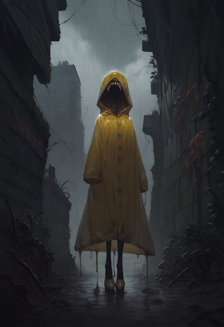 score_9, score_8_up, score_7_up, 1girl, slender, tall, sharp teeth, decaying, melting, raincoat, no eyes, horror theme, rain, outside, city scape, concrete, yellow clothing, standing, Mr_Monster_Possitive, mtms, Expressiveh, high heels, graffiti