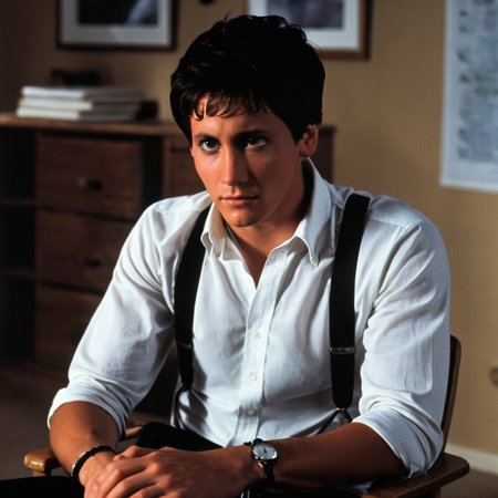 <lora:add-detail-xl:1>
<lora:detailed:0.3>
<lora:perfection style:0.3>
<lora:xl_more_art-full_v1:0.3>
 <lora:Donnie Darko film style:1>
Prof. Kenneth Monnitoff  a 30 years old desperate man sitting on a chair in a white shirt,solo,looking at viewer,shirt,black hair,1boy,jewelry,sitting,white shirt,male focus,collared shirt,pants,black eyes,bracelet,black pants,suspenders,watch,realistic,wristwatch,arm hair , cinematic, film, Donnie Darko film style