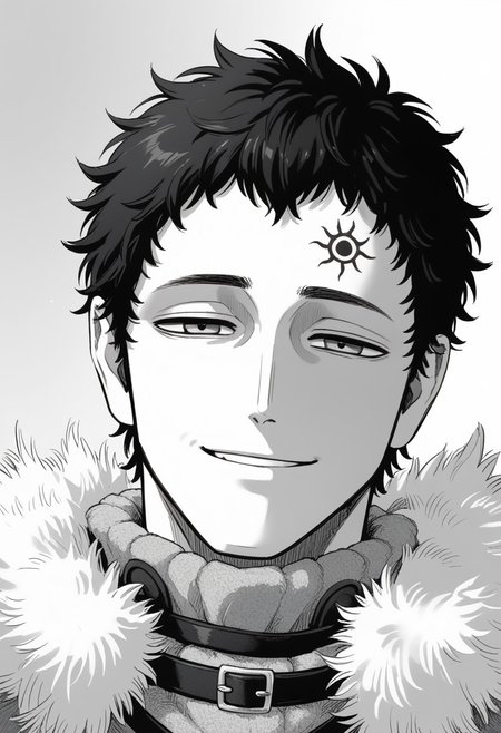 score_9, score_8_up, score_7_up, lucius zogratis, messy short hair, smug smile, forehead mark, furry robe, straps, fur cape, fur mantle, portrait, thinking face, eyes almost closed, ((solo)), manga, black and white, lineart, lines, monochrome, adult, man, man on his 40s