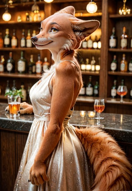 score_9, score_8_up, score_7_up, gray anthro female fox, golden eyes, copper fur, ((bald)), furry, fluffy fur, fluffy foxtail, elegant dress, bar, furry hands,  smile, ears tugged back, ears folded back, flat ears