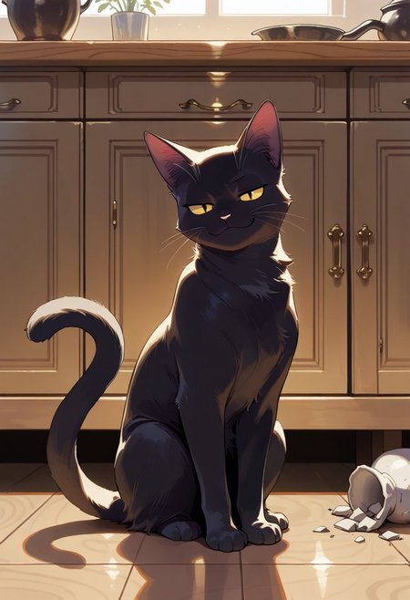 (masterpiece, best quality, high quality, highres), very awa, highres, absurdres, detailed, intricate,
cute,
no humans, solo, full body, animal focus, 
black cat sitting on a table, arrogant, smug, looking at viewer, broken vase on the floor,
cozy kitchen background,  indoors,