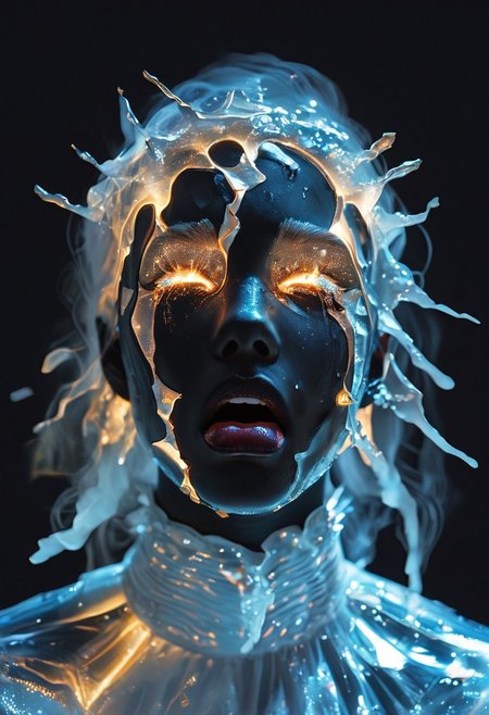 score_9, score_8_up, score_7_up, The shards are predominantly silver with hints of gold, blue, and pink, creating a mesmerizing, multi-colored effect that reflects light in a kaleidoscopic manner. The face is abstract yet recognizable, with closed eyes, a slightly open mouth, and a serene expression. The shards are arranged to form the contours of the face, including the nose, cheeks, and jawline, with some pieces overlapping and others protruding. BREAK, The image is a high-resolution photograph of a person's face, taken in a dramatic, almost surreal style. The subject is a woman with black hair, a fair complexion and striking features. Her body is covered with a black translucent fabric that drapes over her shoulders, creating a ghostly, ethereal effect, which contrasts sharply with the black skin and the black film, white tears, crying, black background