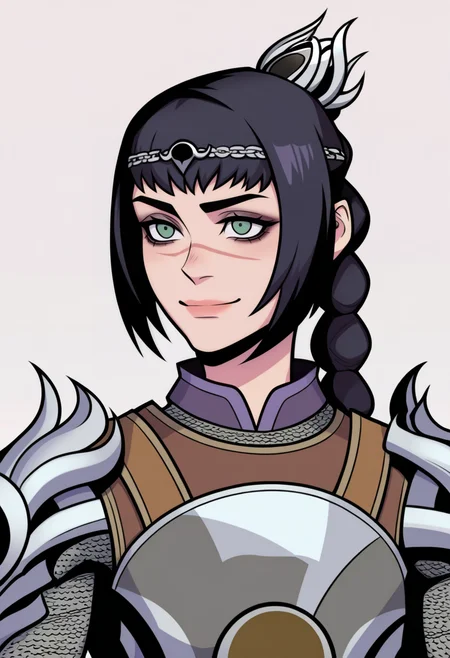 best quality, amazing quality, very aesthetic, absurdres,
BREAK
1girl, solo, shadowheart, black hair, braided ponytail, green eyes, scar on face, circlet, armor,
smile, looking at viewer, upper body, simple background, white background, <lora:ShadowHeartIllustrious_byKonan:0.8> <lora:TwewyNoobLocon_byKonan:1.2>