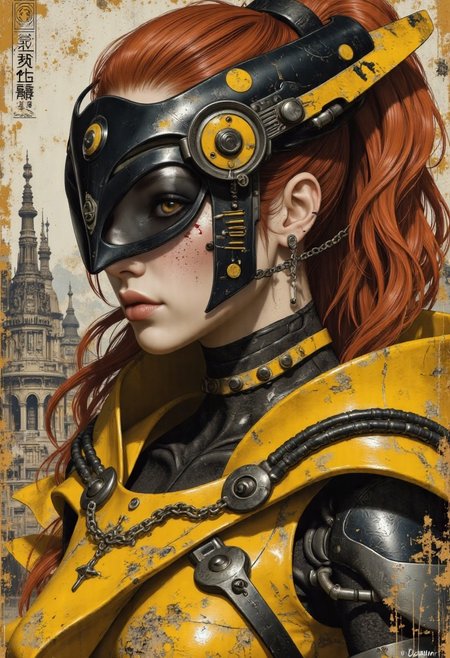 impressionist classical-style painting of a highly detailed, closeup portrait, face focus, stylized artwork featuring a androgynous figure with a striking, futuristic aesthetic.  It depicts a female rogue against a backdrop of a futuristic, post apocalyptic city. The rogue has some skin burns and is dressed in a striking, futuristic outfit of mustard yellow and black, with high tech accessories, including a helmet adorned with a stylized, angular visor that covers her hazel eyes and a flowing cape. She has long, flowing red hair tied back, and her skin appears to be pale.
 (((ultra-realistic style))), realistic lighting, dark, eye-catching, atmospheric lighting, natural, shallow depth of field, (highlights: 0.8), high detail (dynamic, cinematic shot, film grain, bokeh, depth of field)