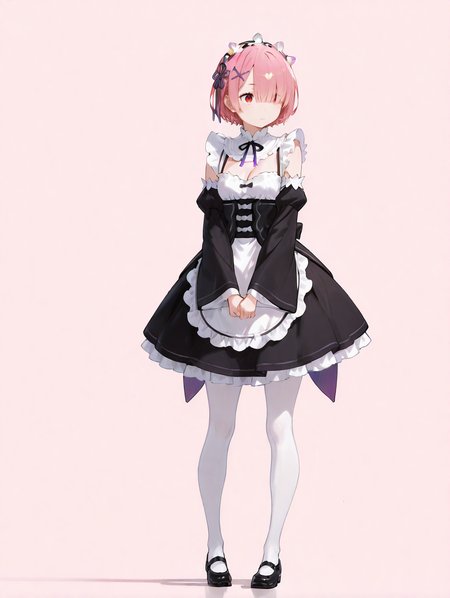 perfect quality,high quality,masterpiece,best quality,amazing quality,very aesthetic,absurdres,Cinematic Lighting,newest,Tactical use of shadow,
front view,full_shot,Disbelief,
RAMCYQL,1girl,solo,short hair,bangs,pink hair,hair over one eye,red eyes,hair ornament,x hair ornament,maid headdress,ribbon,hair ribbon,purple ribbon,maid,roswaal mansion maid uniform,black dress,detached sleeves,long sleeves,apron,waist apron,white apron,frills,pantyhose,white pantyhose,mary janes,black footwear,cleavage,
full body,standing,v_arms,,
pink background,simple background,
<lora:ponyv5_noobV065S_1_adamW-000013:0.7>,<lora:wl-illV1-000017:0.7>,<lora:zzziGnXL_il_lokr_V531:0.5>,<lora:USNR STYLE_XL_loha:0.45>,usnr,,<lora:RAMCYQL:1>,