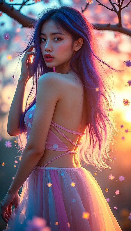 Extreme realism in a complex, highly detailed composition featuring a beautiful voluptuous woman with flowing rainbow-colored hair, wavy hair, multicolored eyes, slim waist, . The glowing background, with its vibrant colors, exaggerated details, intricate textures, and dynamic lighting, creates a whimsical, dreamy atmosphere in photorealistic quality.

Small, glowing particles floating in the air, adding a magical and ethereal quality to the scene.Clouds with an iridescent sheen, reflecting multiple colors and adding a whimsical touch to the sky.Tree branches that emit a soft light, adding a mystical and natural element to the background.Veils of light that glimmer softly, adding a touch of magic and softness to the scene.



One hand is gently playing with her hair, her eyes looking softly into the distance.


