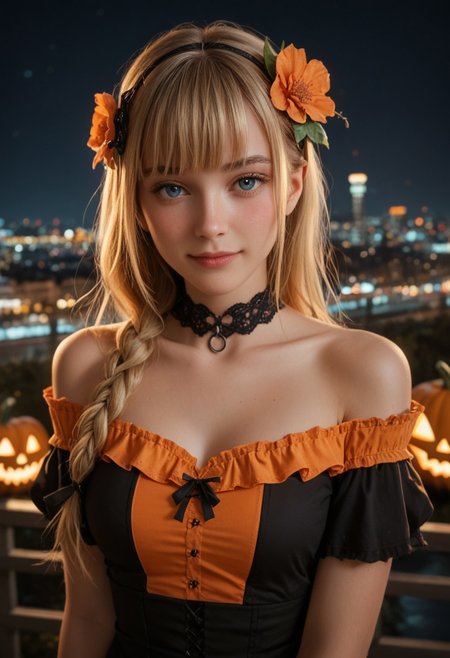 score_9_up, score_8_up, score_7_up, score_6_up, 1girl, 25 years old, perfect face, (adult), sexy,
three quarter view, detailed face, portrait, face focus, depth of field, looking at viewer, blush, shy smile, close up, 
blue eyes, 
blonde hair, french braid, hair ornament, flower hair ornament, blunt bangs, asymmetrical sidelocks, single sidelock,
black choker, halloween costume, striped clothes, orange dress, black dress, frilled dress, bare shoulders, short sleeves, Halloween, 
nights, river, city, cityscape, city lights,
