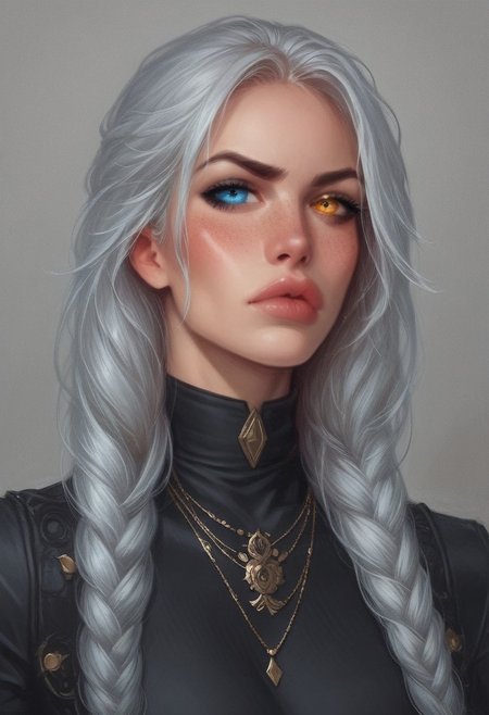 cinematic, (master piece), (best quality), (ultra-detailed), very aesthetic, illustration, perfect composition, intricate details, (best quality, hires textures, high detail:1.2), Mesmerizing, Dimpled, Complete Heterochromia, Almond-shaped, Gray/Silver, Long Hair Styles Layers, Fair, Minimalist, Eclectic, Sloppy, Disheveled, Pout, Blush, Determined, Fidgeting, Dominance, Fist Pump, Freckles, Frieren, owoface (((full-clothed))), ((long big sword in hands, sword in hands)) 
BREAK 
strange world background score_9, score_8_up, score_7_up, score_6_up, source_cartoon, rating_explicit, Expressiveh, (((((portrait))))), dynamic pose