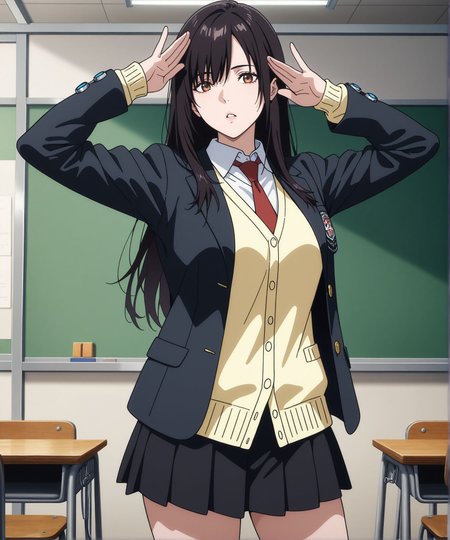 masterpiece,best quality,amazing quality,very aesthetic,absurdres,newest, huge filesize,
<lora:spo_sdxl_10ep_4k-data_lora_webui:0.5>,
<lora:add-detail-xl:1>gantz, 
 1girl, classroom, indoors, medium breasts, inuyashiki mari, long hair, black hair, brown eyes, school uniform, blazer, black jacket, white shirt, collared shirt, red necktie, yellow cardigan, black skirt, pleated skirt, white kneehighs, loafers,, (aged up:1.4), (cowboy shot:1.8), looking at viewer, anime screencap, parted lips, (pose:1.5) <lora:Mari_Inuyashiki:1>