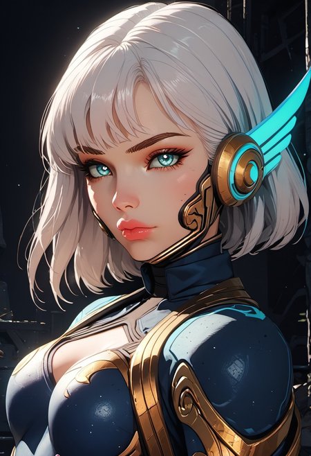 ((zPDXL3)), score_9, score_8_up, score_8, Science Fiction, Star Wars, perfecteyes, ultra detailed, high resolution, high quality, masterpiece, intricate details, intricate body, intricate landscape, knva, Expressiveh, European Instagram Model, upper body shot, low light, dungeon, ruins, green glow, black background, 
BREAK
1girl, solo, source_cartoon, mature female, allstarsdva, d.va (overwatch), white hair, blue eyes, beautiful, full lips, looking at viewer, closed mouth,