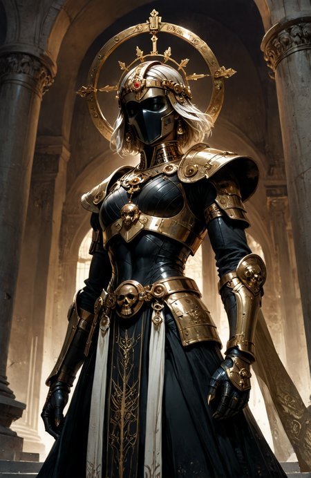 score_9, score_8_up, score_7_up, score_6_up,
cinematic film still, A highly detailed, stylized figure with an androgynous form, standing in a dynamic, forward-leaning pose. Clad in intricate white and black armor, both elegant and menacing, the segmented plates have sharp, angular edges and an organic, bone-metal texture. A sleek, black helmet crowned by a golden halo gives the figure an otherworldly, angelic presence. set against ancient temple with pillars, the color palette contrasts white, black, and gold. The figureâs raised right hand reveals sharp black claws, exuding power and an ethereal mix of fantasy and sci-fi, shallow depth of field, vignette, highly detailed, moody, epic, gorgeous, film grain, grainy, <lora:FluxDFaeTasticDetails:0.5> 
detailxl_xl, <lora:add-detail-xl:0.8>,   <lora:sinfully_stylish_SDKL:0.8>,  <lora:Fant5yP0ny:0.8>,  <lora:aesthetic_anime_v1s:0.8>
