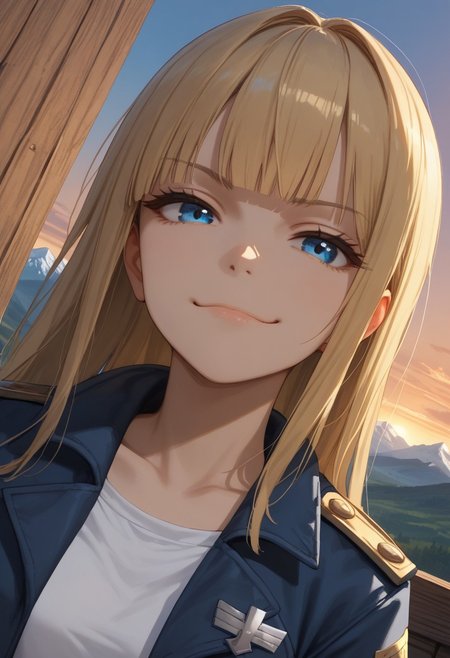 (score_9, score_8_up, score_7_up), 1girl, solo,( blonde hair), blue eyes, long hair, hime cut, long bangs, small breasts, collarbone,  open jacket, white crop top, leather jacket, blue jacket, sunset, leaning on wall, wooden wall, from below,
( face focus, close-up:1.3),  metal railguard, mountains, 
fisheye, (relaxed, dutch angle:1.2), 
( smug:1.1),