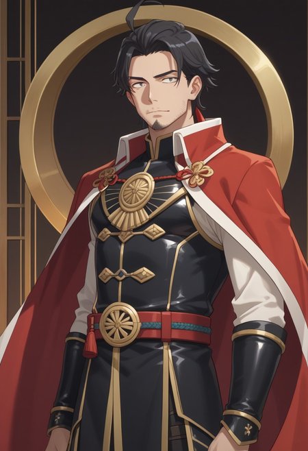 score_9, score_8_up, score_7_up, source_anime, highly detailed, an1p1xel Hikigaya Hachiman, hachi, male focus, medium length hair, beard stubble, ahoge, black hair, wearing late Han Chinese dynasty-style armor, polished steel lamellar plates with a clean, metallic finish, minimal decorative accents, a simple yet elegant design, a flowing cape made from faded tiger fur, armored skirt with leather straps, wide belt with a plain metal buckle, sturdy leather boots, helmet with a modest crest and a red tassel, menacing yet noble expression, sharp eyes