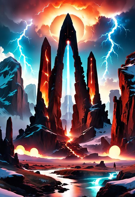 (by Ellen Jewett:1.5), (Fiery red Bioluminescent Impressionism with lightning, mountain landscape, The Dreamland, Gibson Great  Mountains, rock, sky, giantobelisk, great grand obelisk on mountains, great magic, great lightning, scenery, great great magical obelisks, sunset, sunrise , stream, lightning, snow and ice, ethereal landscapes, depth of field, biotech emotion:1.3) <lora:xl_more_art-full_v1:0.5> <lora:add-detail-xl:1> , ral-wlfnte <lora:RMSDXL_Creative:2>, magical