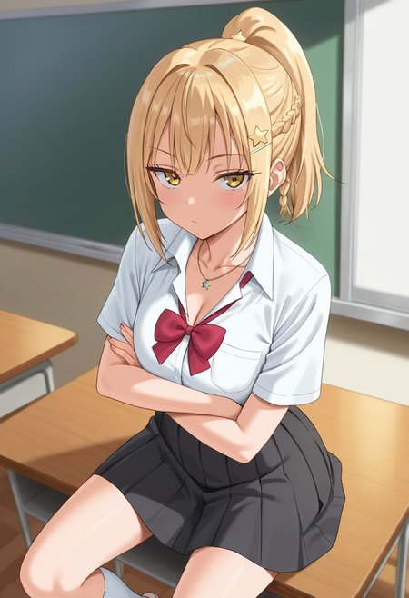 masterpiece,best quality,amazing quality, nonoa miyamae, 1girl, solo, looking at viewer, skirt, blonde hair, shirt, hair ornament, bow, jewelry, sitting, school uniform, collarbone, yellow eyes, white shirt, ponytail, braid, short sleeves, pleated skirt, socks, collared shirt, bowtie, black skirt, medium hair, necklace, star (symbol), red bow crossed arms, white socks, red bowtie, desk, star hair ornament, gyaru