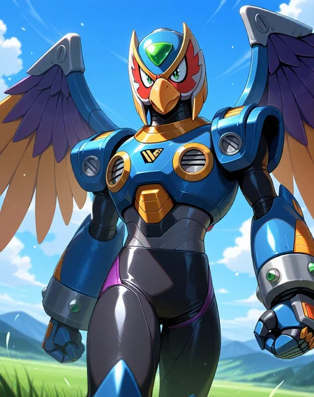 <lora:Storm_Eagle_(Mega_Man_X)_(Illustrious)_(AD):1> Storm Eagle, reploid, MMX, 
exterior, blue sky with clouds, mountain valley, grassy valley, soft detailed light colored anime background, 
dutch angle, dynamic action, cowboy shot, perfect depth of field shot, 
male focus, intense shadows, dynamic shadows, intricate details, attention to details, gradient coloring, robot, beak, bright vivid colors, deep metallic colors, glossy metal body, wings, fighting stance, smile, logo on chest, bulky body, 
BREAK very awa, masterpiece, best quality, amazing quality, very aesthetic, highres, absurdres, 
EZRealPONYXL, zPDXL, Smooth Quality, lazynsfw,