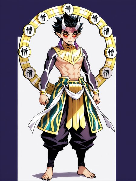 masterpiece, very aesthetic, best quality, solo, amazing quality, imtdzohakuten, 1boy, male, purple tassel, black hair, pointy ears, red sclera, yellow eyes, egyptian clothes, horns, covered arms, bracelet, pants, short hair, kanji pupils, barefoot, facial mark, spiked hair, fit body, toned, fangs, black nails, sharp fingernails, long sleeves, back circle, cover, two tone background
