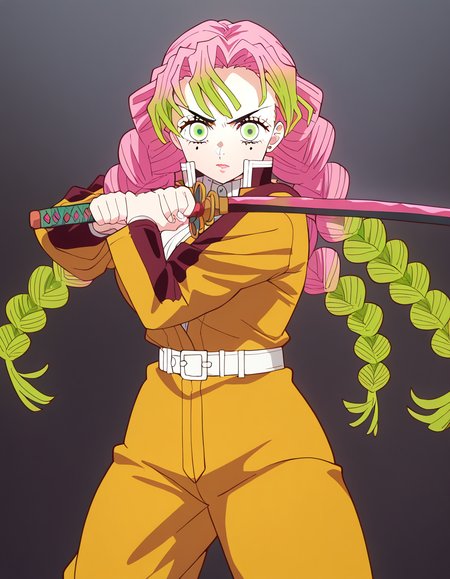 masterpiece, best quality, newest, absurdres, highres, safe,, <lora:mitsuri-kanroji-anime-ponyxl-lora-nochekaiser:1>, mitsuri kanroji, braid, gradient hair, green eyes, green hair, long hair, mole, mole under eye, multicolored hair, pink hair, twin braids, two-tone hair, large breasts, anime screencap, <lora:sword-guard-stance-illustriousxl-lora-nochekaiser:1>, sword guard stance, sword, weapon, solo, katana, holding, holding weapon, holding sword, looking at viewer, jumpsuit, yellow jumpsuit, high collar, cowboy shot, pants,, ,
