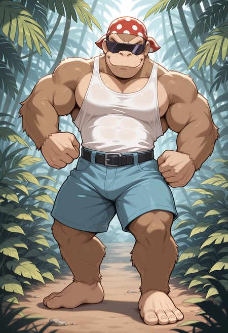 masterpiece,best quality,amazing quality, 1boy, solo, funkydk, furry, sunglasses, red bandana, white tank top, black belt, blue shorts, pose, jungle,